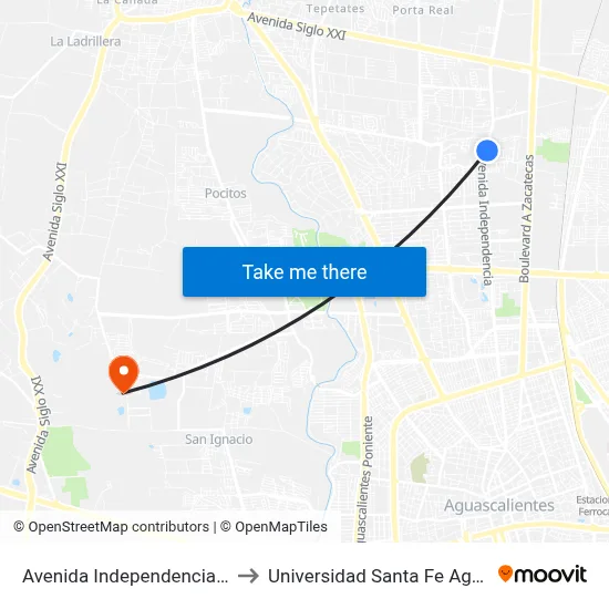 Avenida Independencia, 2214(145) to Universidad Santa Fe Aguascalientes map