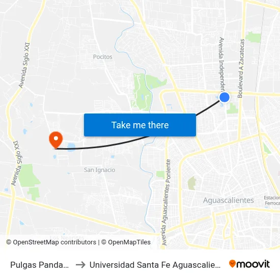 Pulgas Pandas 1 to Universidad Santa Fe Aguascalientes map