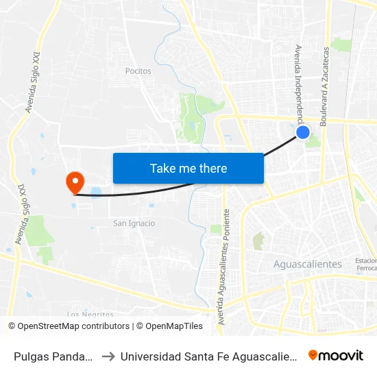 Pulgas Pandas 2 to Universidad Santa Fe Aguascalientes map