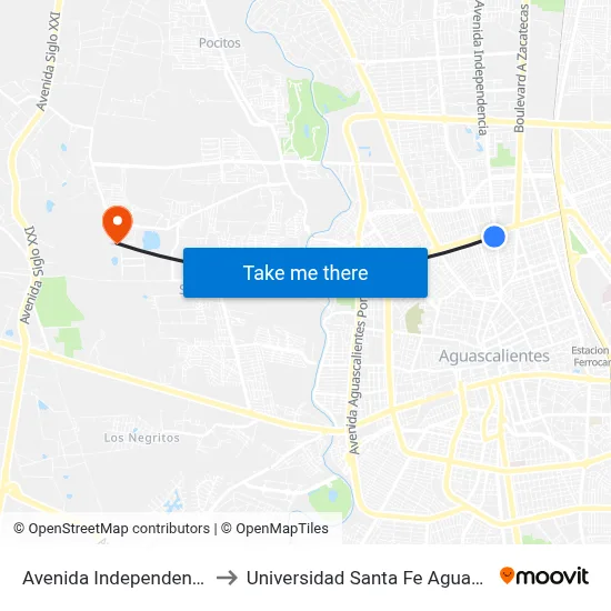 Avenida Independencia, 643 to Universidad Santa Fe Aguascalientes map