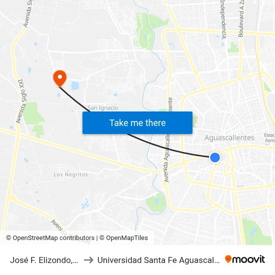 José F. Elizondo, 120 to Universidad Santa Fe Aguascalientes map