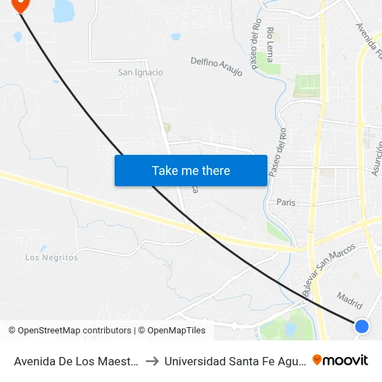 Avenida De Los Maestros, 2007a to Universidad Santa Fe Aguascalientes map