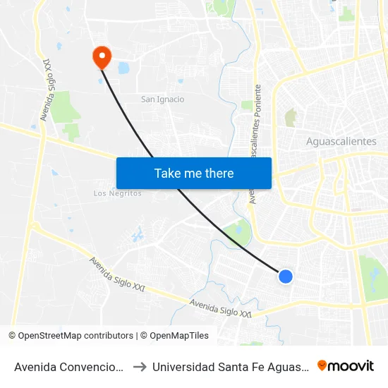 Avenida Convencion, 1106 to Universidad Santa Fe Aguascalientes map