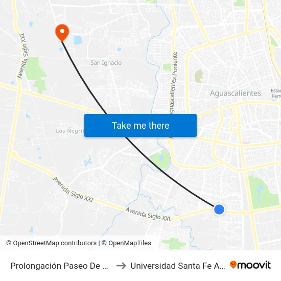 Prolongación Paseo De La Asunción, Lb to Universidad Santa Fe Aguascalientes map