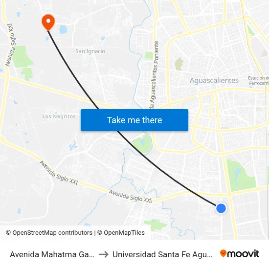 Avenida Mahatma Gandhi, 603 to Universidad Santa Fe Aguascalientes map