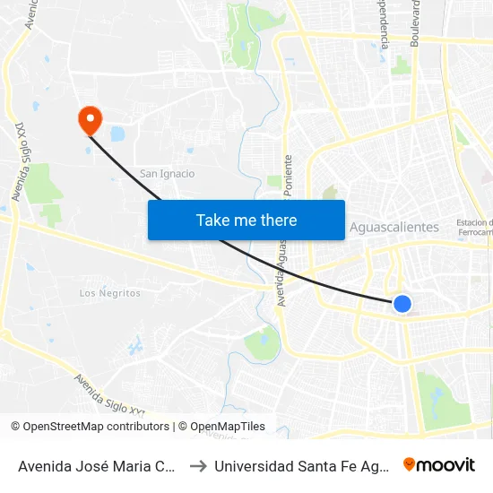 Avenida José Maria Chávez, 1014 to Universidad Santa Fe Aguascalientes map