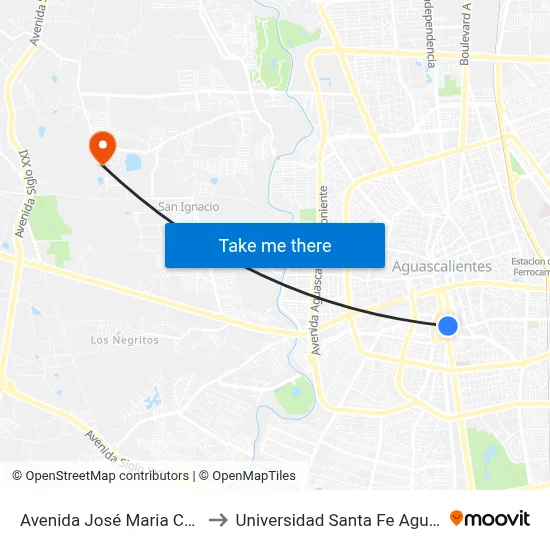 Avenida José Maria Chávez, 710 to Universidad Santa Fe Aguascalientes map