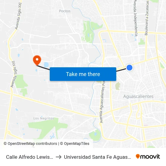 Calle Alfredo Lewis, 1403 to Universidad Santa Fe Aguascalientes map