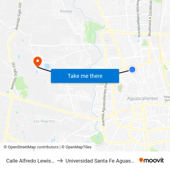 Calle Alfredo Lewis, 1412 to Universidad Santa Fe Aguascalientes map