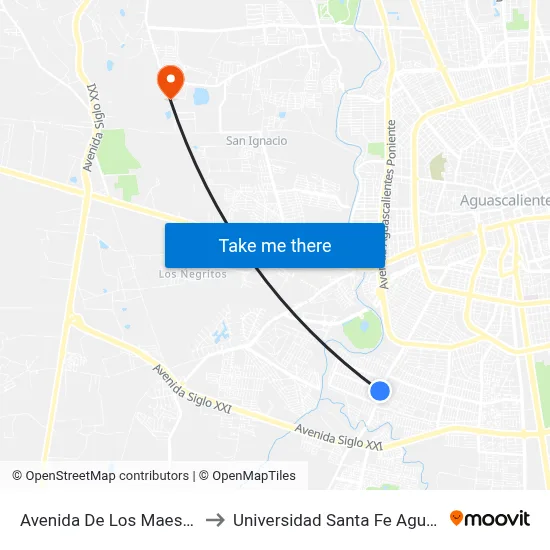 Avenida De Los Maestros, 3903 to Universidad Santa Fe Aguascalientes map