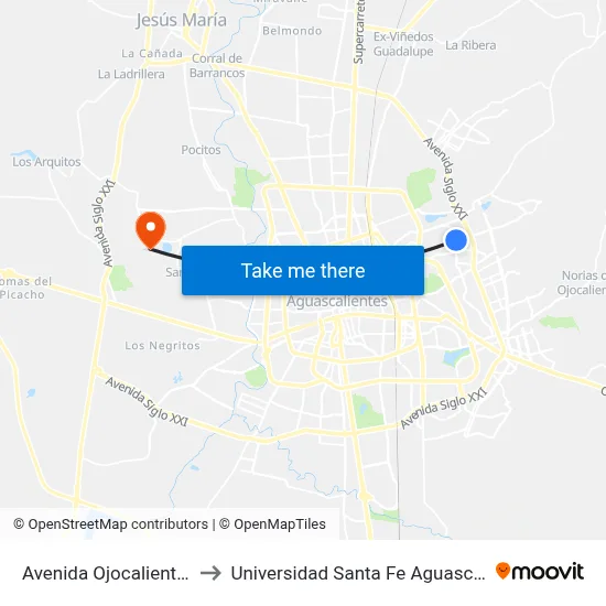 Avenida Ojocaliente, 901 to Universidad Santa Fe Aguascalientes map