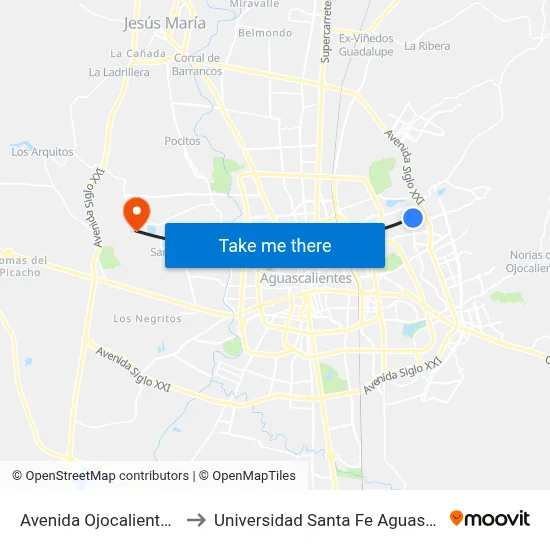 Avenida Ojocaliente, 1103 to Universidad Santa Fe Aguascalientes map
