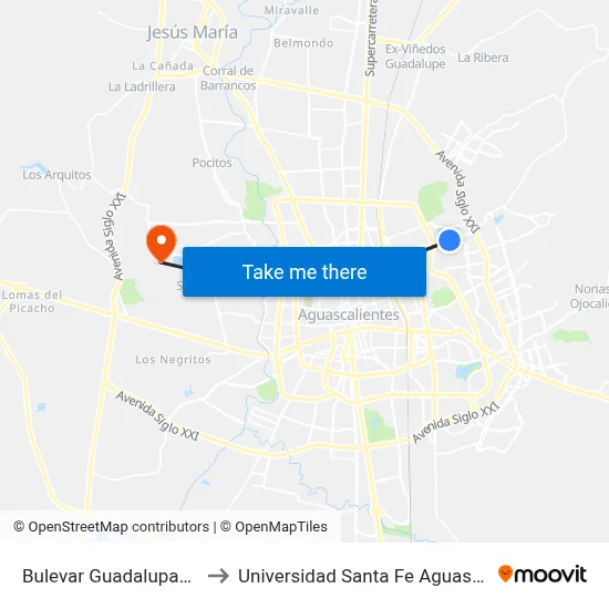 Bulevar Guadalupano, 412 to Universidad Santa Fe Aguascalientes map
