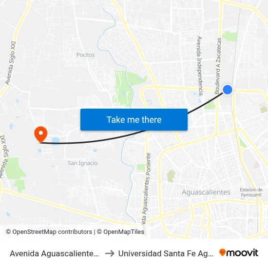 Avenida Aguascalientes Norte, 812 to Universidad Santa Fe Aguascalientes map