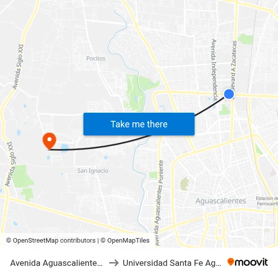 Avenida Aguascalientes Norte, 739 to Universidad Santa Fe Aguascalientes map
