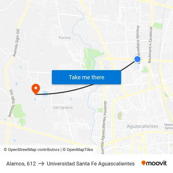Alamos, 612 to Universidad Santa Fe Aguascalientes map