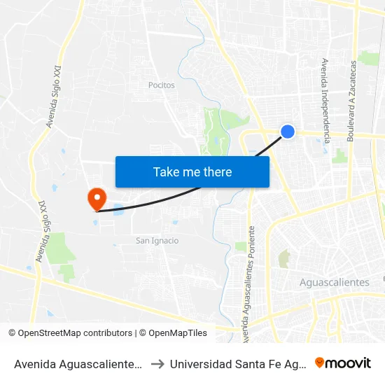 Avenida Aguascalientes Norte, 402 to Universidad Santa Fe Aguascalientes map