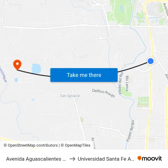 Avenida Aguascalientes Poniente, 1511 to Universidad Santa Fe Aguascalientes map