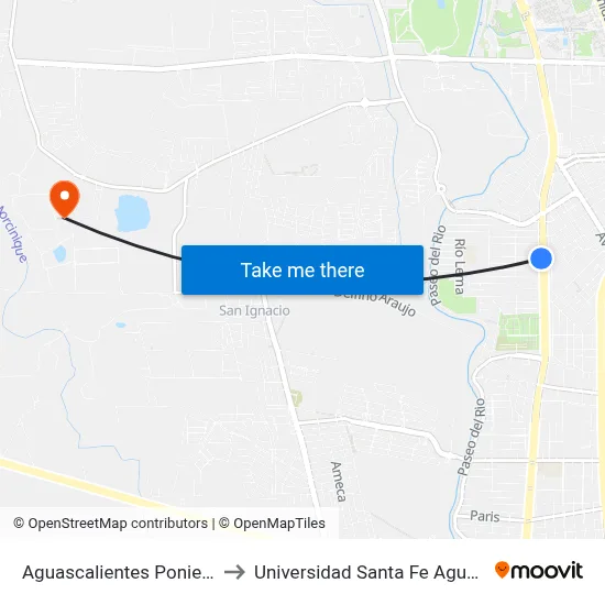 Aguascalientes Poniente, 1116 to Universidad Santa Fe Aguascalientes map