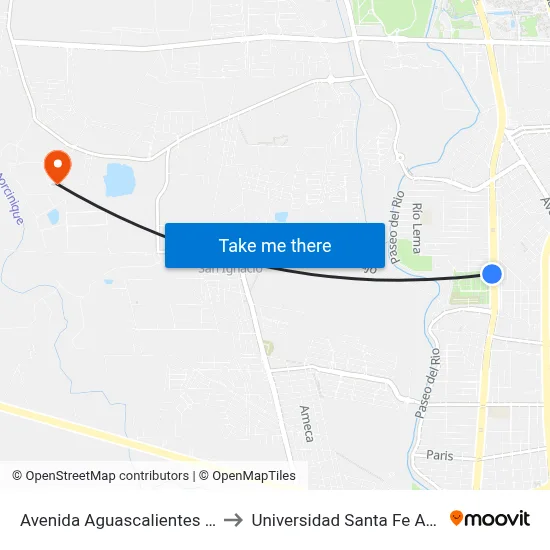 Avenida Aguascalientes Poniente, 333 to Universidad Santa Fe Aguascalientes map