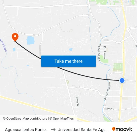 Aguascalientes Poniente, 1410 to Universidad Santa Fe Aguascalientes map
