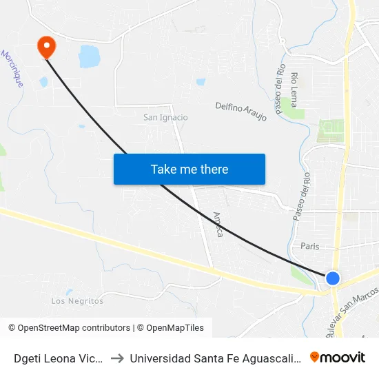 Dgeti Leona Vicario to Universidad Santa Fe Aguascalientes map
