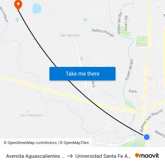 Avenida Aguascalientes Poniente, 305 to Universidad Santa Fe Aguascalientes map
