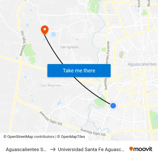 Aguascalientes Sur, Lb to Universidad Santa Fe Aguascalientes map