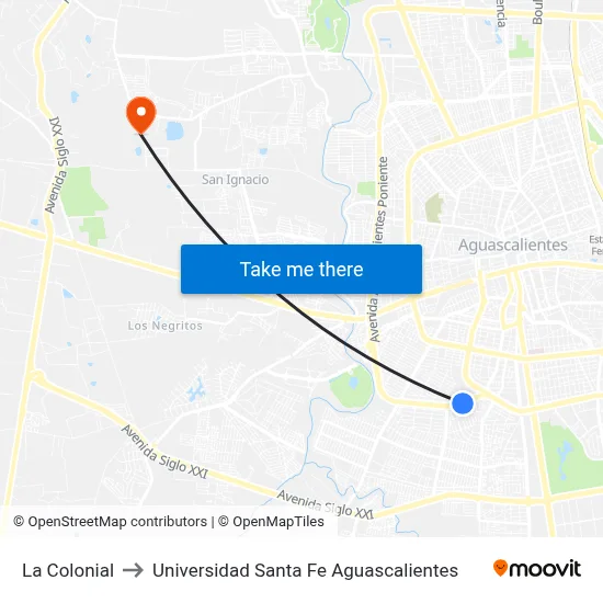 La Colonial to Universidad Santa Fe Aguascalientes map