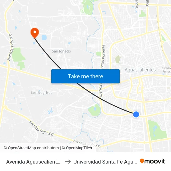 Avenida Aguascalientes Sur, 304 to Universidad Santa Fe Aguascalientes map