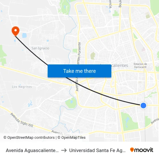 Avenida Aguascalientes Sur, 908a to Universidad Santa Fe Aguascalientes map