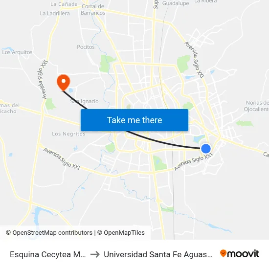 Esquina Cecytea Morelos to Universidad Santa Fe Aguascalientes map