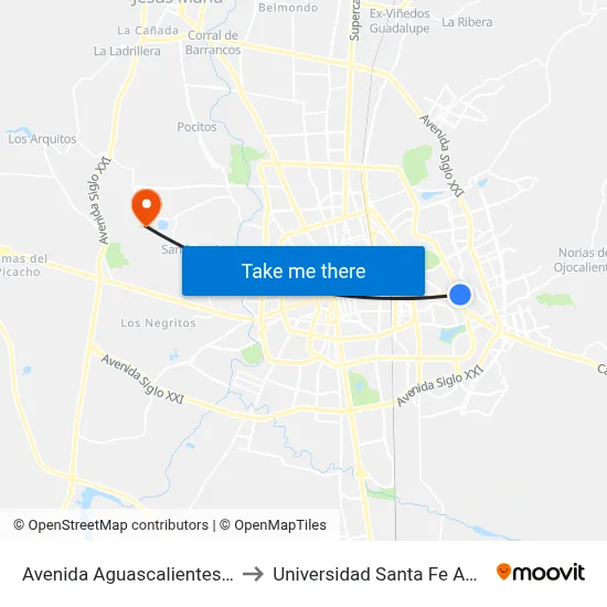 Avenida Aguascalientes Oriente, 213 to Universidad Santa Fe Aguascalientes map