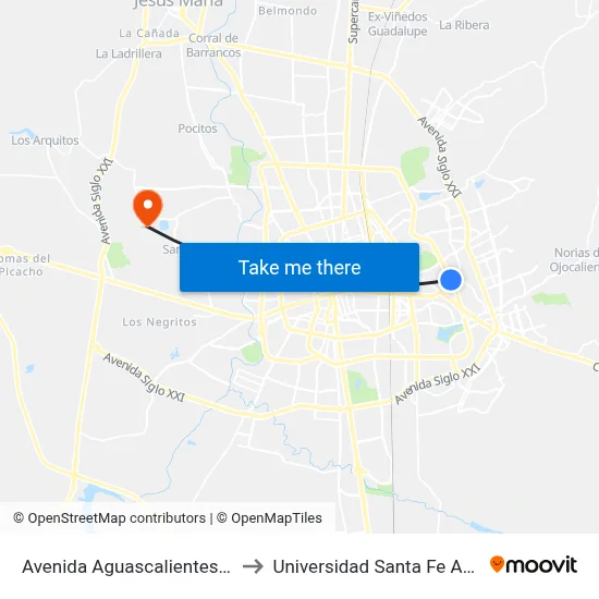 Avenida Aguascalientes Oriente, 2606 to Universidad Santa Fe Aguascalientes map