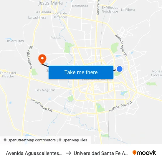 Avenida Aguascalientes Oriente, 2059 to Universidad Santa Fe Aguascalientes map