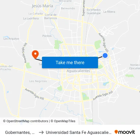 Gobernantes, 740 to Universidad Santa Fe Aguascalientes map