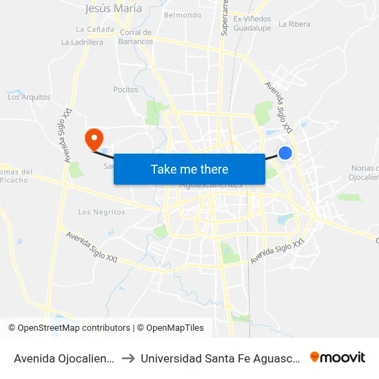 Avenida Ojocaliente, Lb to Universidad Santa Fe Aguascalientes map