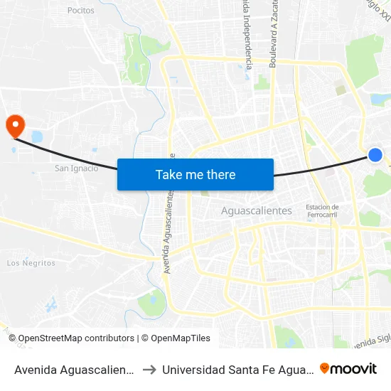 Avenida Aguascalientes, 1945 to Universidad Santa Fe Aguascalientes map