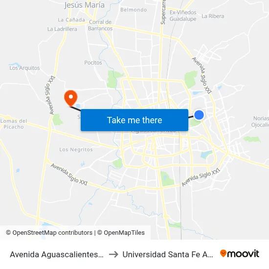 Avenida Aguascalientes Oriente, 2059 to Universidad Santa Fe Aguascalientes map