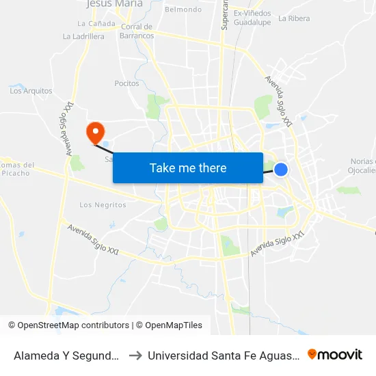 Alameda Y Segundo Anillo to Universidad Santa Fe Aguascalientes map