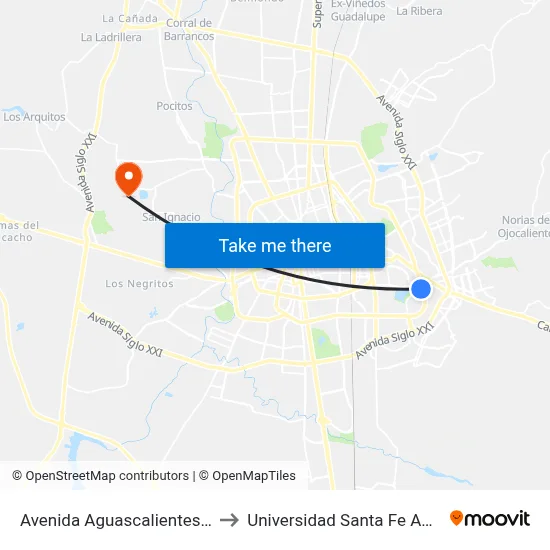 Avenida Aguascalientes Oriente, 706 to Universidad Santa Fe Aguascalientes map