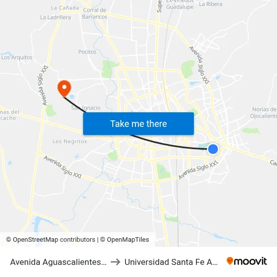 Avenida Aguascalientes Oriente, 500 to Universidad Santa Fe Aguascalientes map