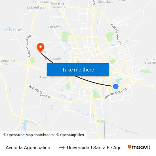 Avenida Aguascalientes Sur, 806 to Universidad Santa Fe Aguascalientes map