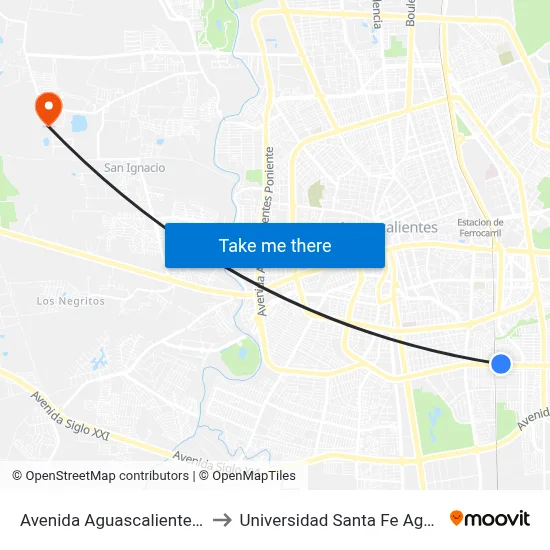 Avenida Aguascalientes Sur, 1100 to Universidad Santa Fe Aguascalientes map