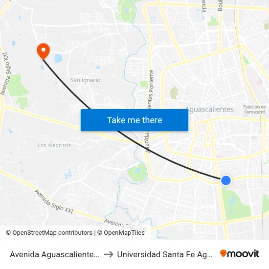 Avenida Aguascalientes Sur, 2729 to Universidad Santa Fe Aguascalientes map