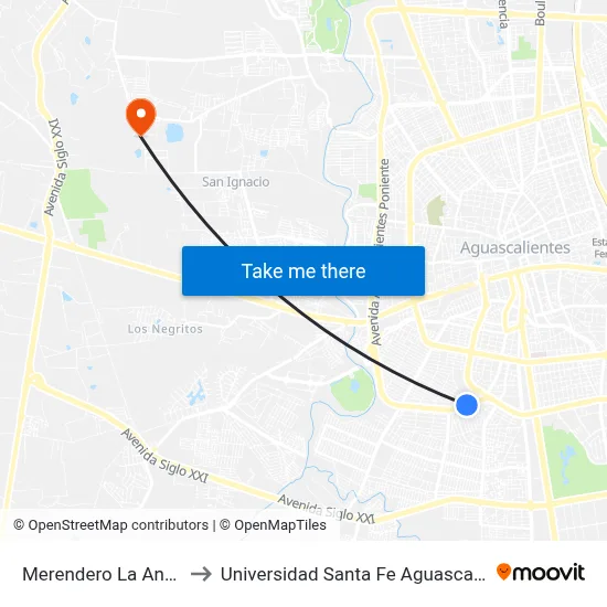 Merendero La Antigua to Universidad Santa Fe Aguascalientes map