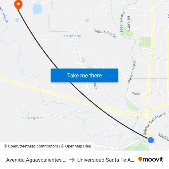 Avenida Aguascalientes Poniente, 305 to Universidad Santa Fe Aguascalientes map
