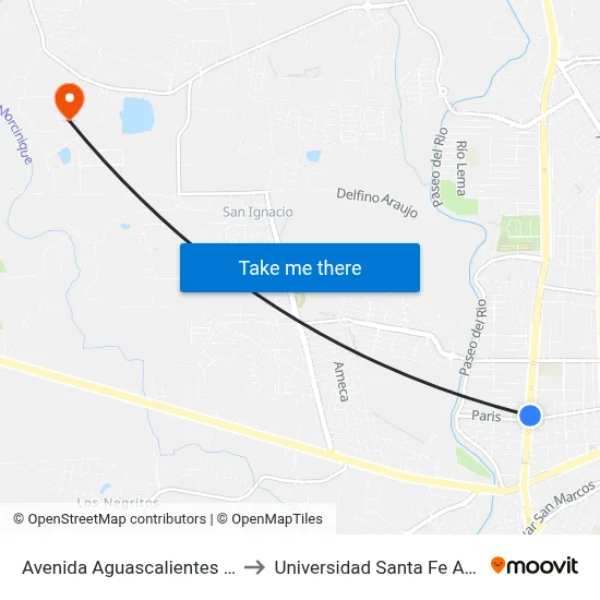 Avenida Aguascalientes Poniente, 101 to Universidad Santa Fe Aguascalientes map