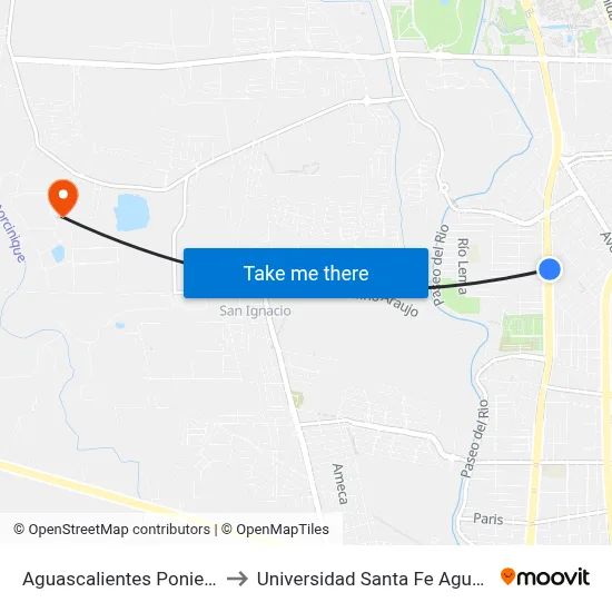 Aguascalientes Poniente, 701a to Universidad Santa Fe Aguascalientes map