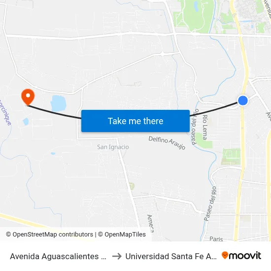 Avenida Aguascalientes Poniente, 1503 to Universidad Santa Fe Aguascalientes map